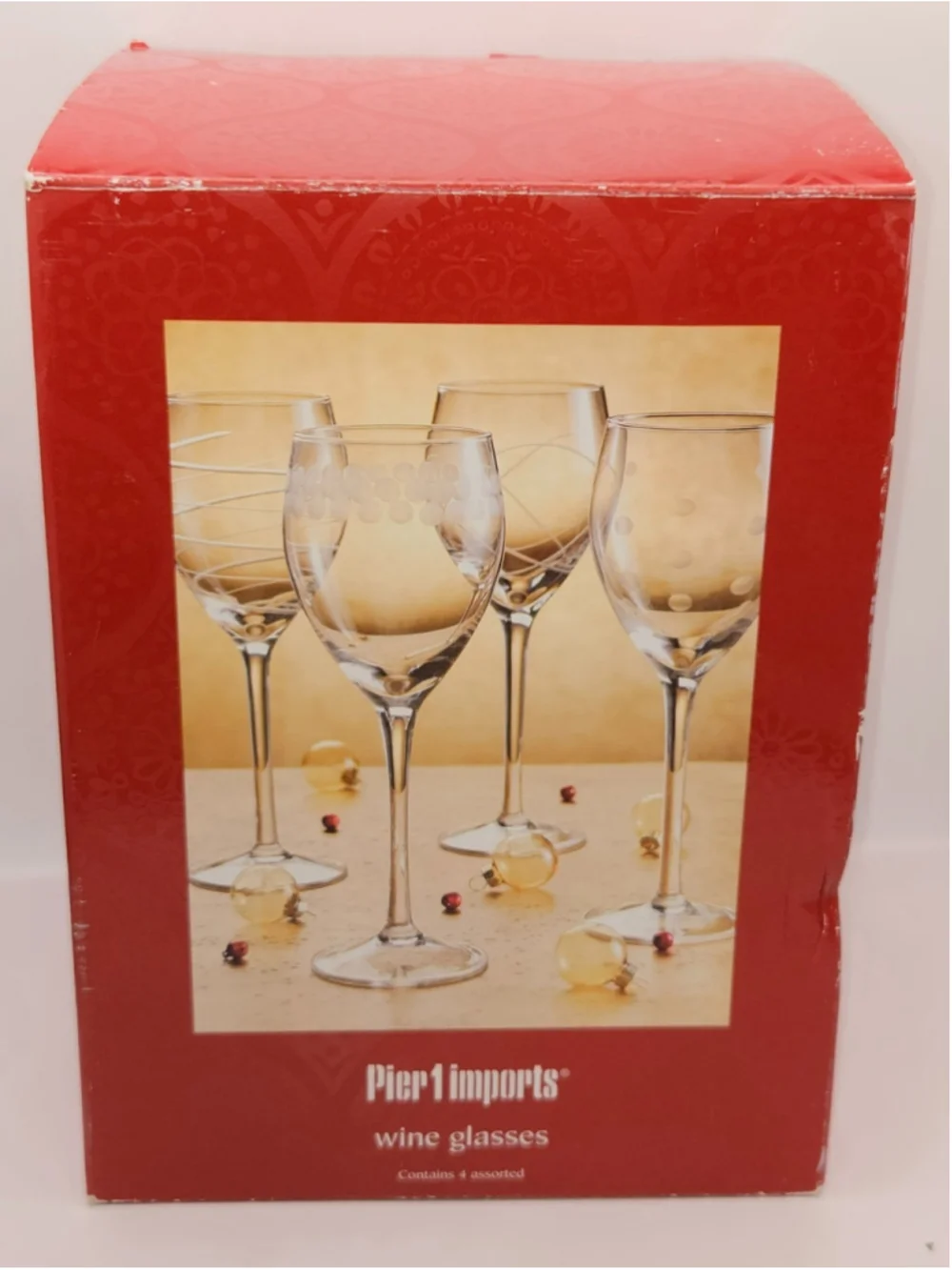 Vintage Pier 1 Imports Assorted Etched Wine Glasses Set of 4 Retired Never Used